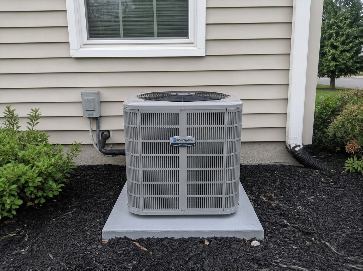 Same-location after photo: new high-efficiency heat pump on a fresh pad in the exact same spot against the same siding, window, and downspout