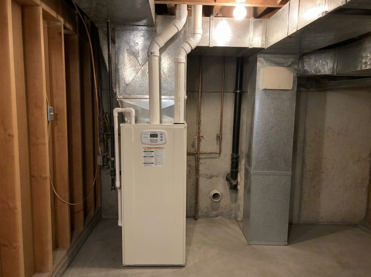 Same-location after photo: new high-efficiency furnace in the exact same basement corner with the same surrounding ducts, pipes, walls, and floor, cleaned up