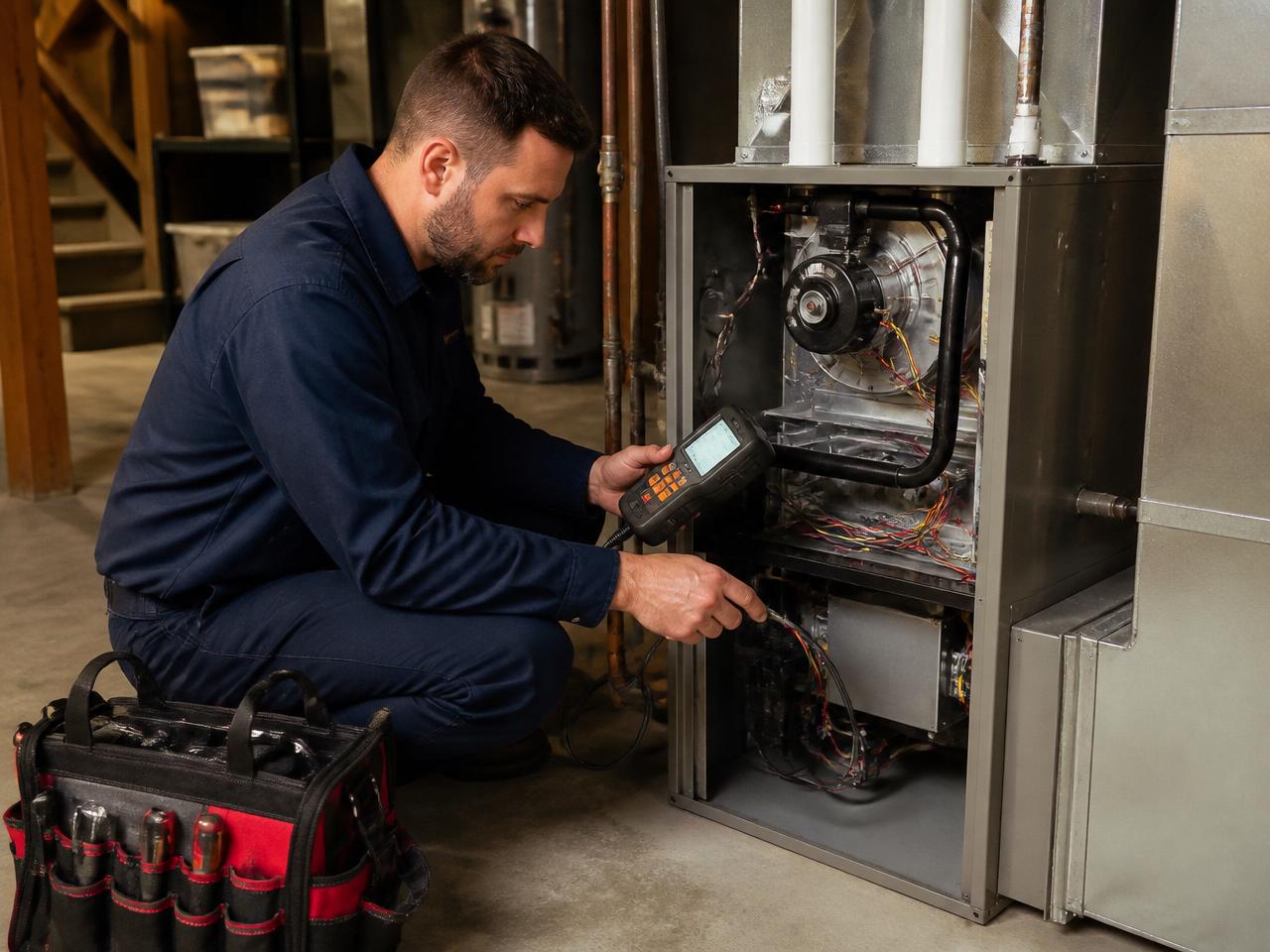 Technician performing a seasonal tune-up on a residential furnace