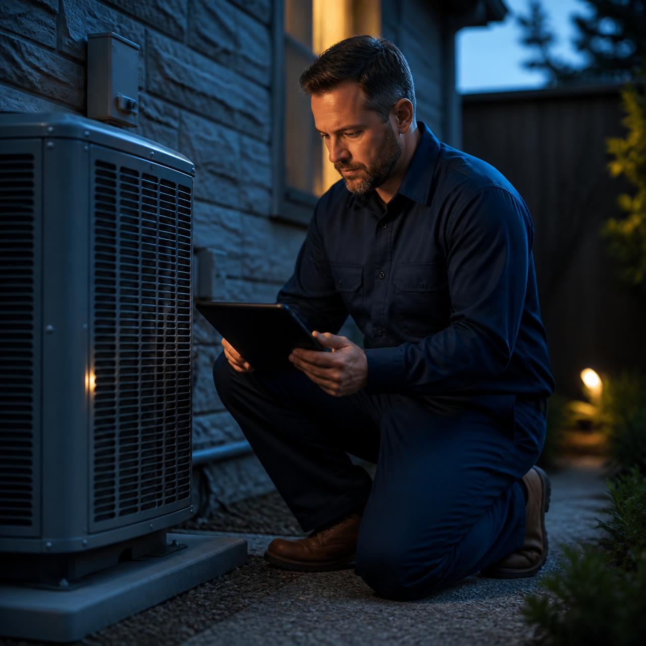 Technician performing a diagnostic on an HVAC system
