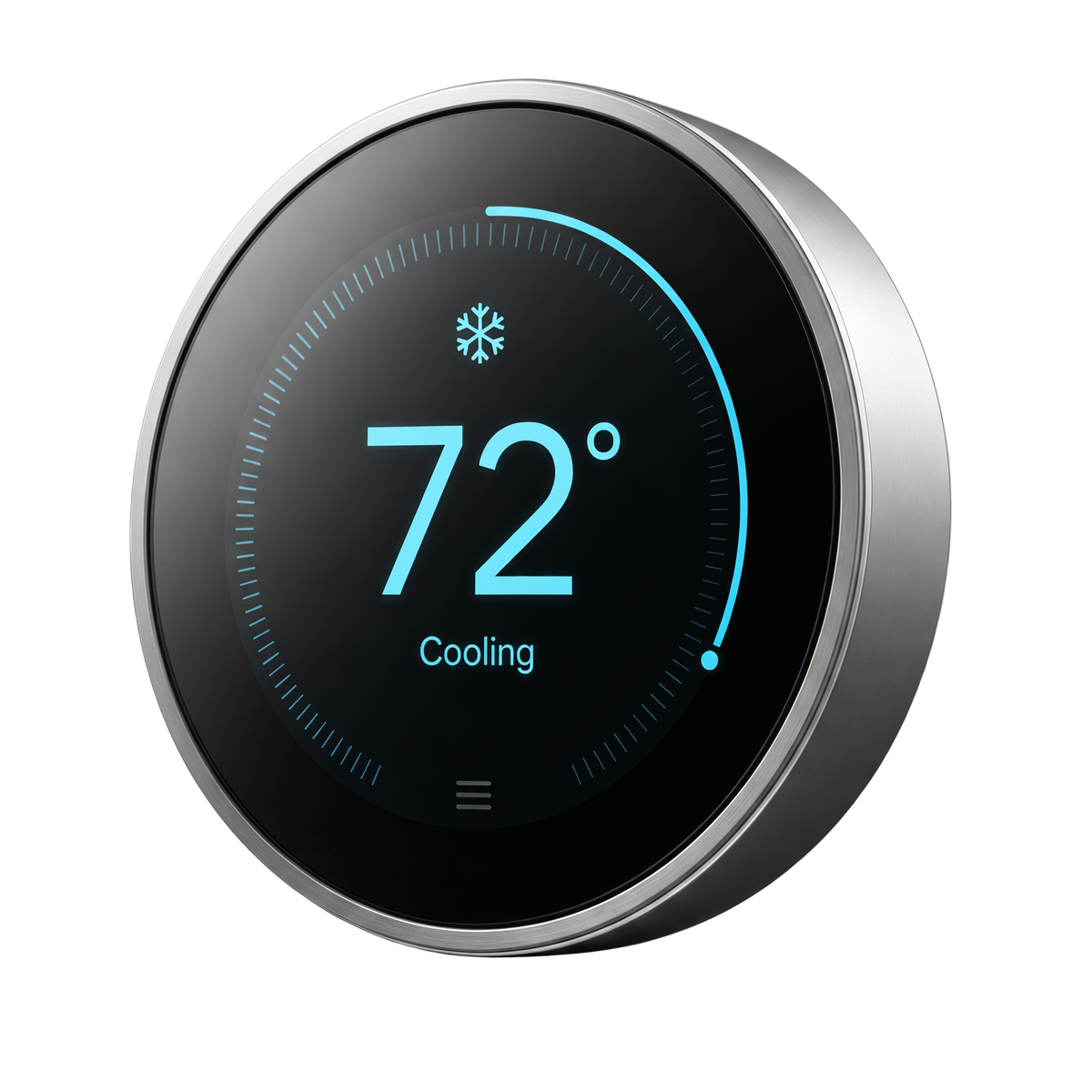 Smart thermostat displaying 72 degrees in cooling mode